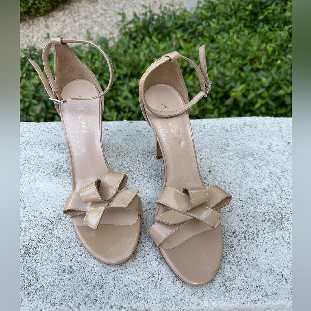 M. Gemi Nude Patent Leather Bow Ankle-Strap Heels